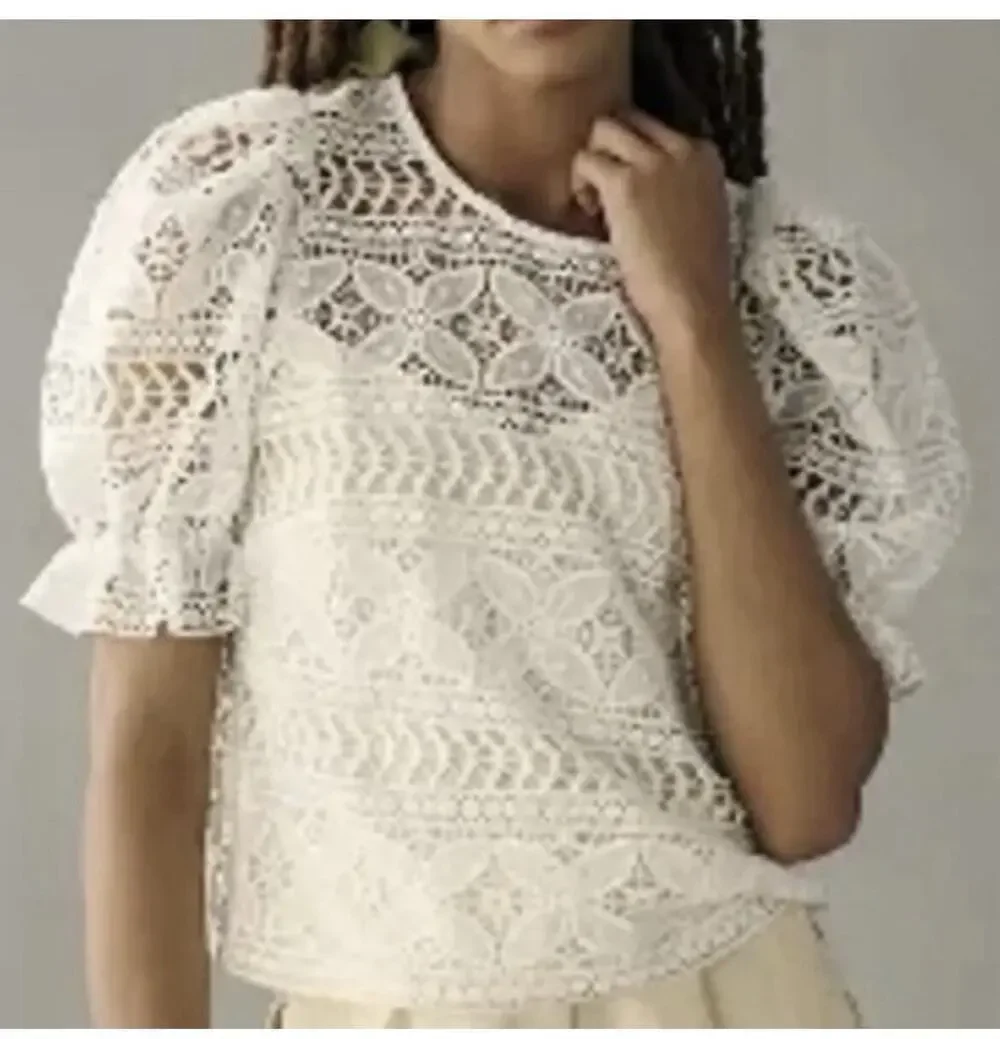Dolan Anthropologie Puff-Sleeve Bow Back Ivory Lace Pullover Lined Top Sz Large